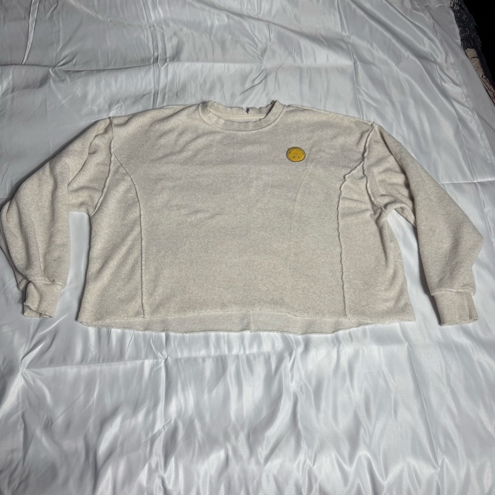 Women's Aerie Beige Crew Neck Sweatshirt XS with Yellow Smiley Patch